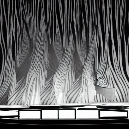 Image similar to an opera scenography with tul gobelins with black and white impressions of falling angels, a checkerboard floor of marble black and white.