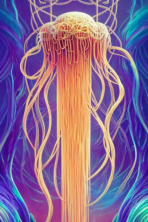 Image similar to beautiful spaghetti jellyfish warrior, ethereal art deco, fantasy, intricate art deco pasta designs, elegant, highly detailed fractals, sharp focus, art by artgerm and beeple and greg rutkowski and wlop