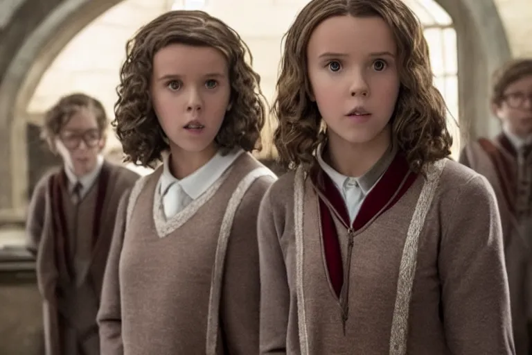 Image similar to film still Millie Bobby Brown as Hermione Granger wearing hogwarts uniform in Harry Potter movie