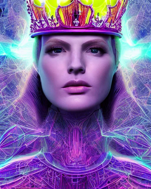 Image similar to a powerful energy psychedelic matrix queen with a crown, by alexander fedosav, hyper detailed digital matte painting, concept art, hyperrealism, 1 6 k resolution, cinema 4 d, 8 k resolution, trending on artstation, behance hd, a masterpiece, by stephan martiniere, particles, cel - shaded, power bright neon energy, by david a. hardy