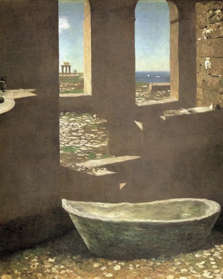 Image similar to achingly beautiful painting of solitary ancient roman bathtub by rene magritte, monet, and turner. piranesi.