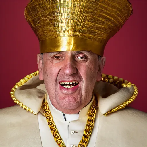 Image similar to portrait of a catholic pope, wearing gold gangster chains, with gold teeth, studio portrait, studio lighting, 1 8 0 0's, 5 0 mm, 4 k