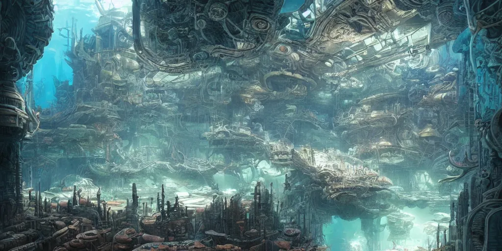 Image similar to masterpiece artwork of a underwater city inside of aquarium, hyper detailed, art, trending in artstation, behance, deviantart, art style by kim jung gi and greg rutkowski