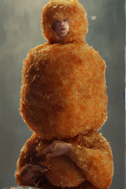 Image similar to channing tatum in a tater tot costume, oil on canvas, intricate, portrait, 8 k highly professionally detailed, hdr, cgsociety