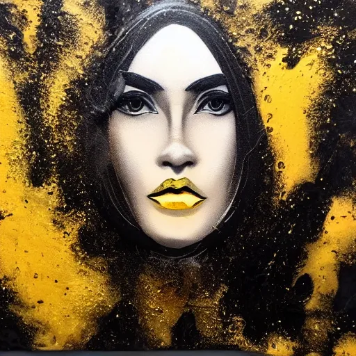 Image similar to liquid marble acrylic fluid paint, black ink, golden and black liquid materials, abstract art, beautiful female face