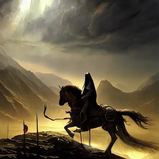 Prompt: ''cinematic shot'' a dark hooded mage on a horse riding to the battle leading his army of undead casper david friedrich raphael lacoste vladimir kush leis royo volumetric light effect broad light oil painting painting fantasy art style sci - fi art style realism artwork unreal engine