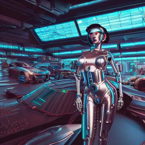Image similar to a beautiful highly detailed futuristic mechanical lady in seductive confident pose, cyberpunk garage on jupiter, filled with people, art by geof darrow, 4 k, octane render