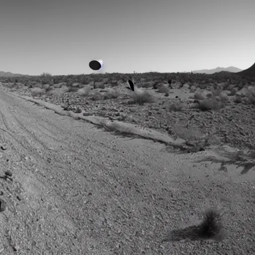 Prompt: scary greyscale nighttime trail cam photo of an alien standing beside his wrecked ufo in the sonoran desert