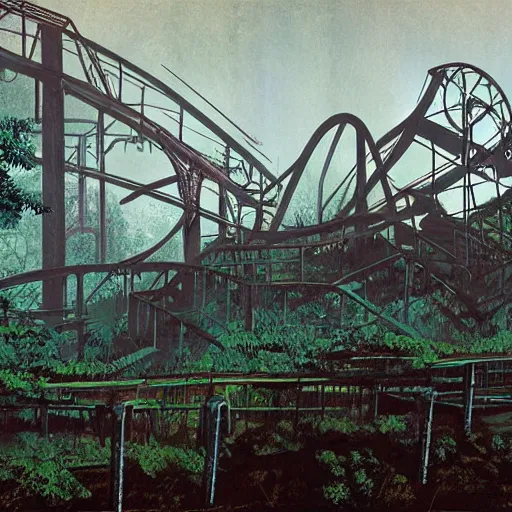 Image similar to abandoned rollercoaster with clear geometry, creepy ambiance, lush vegetation, desaturated, fog, surreal by syd mead