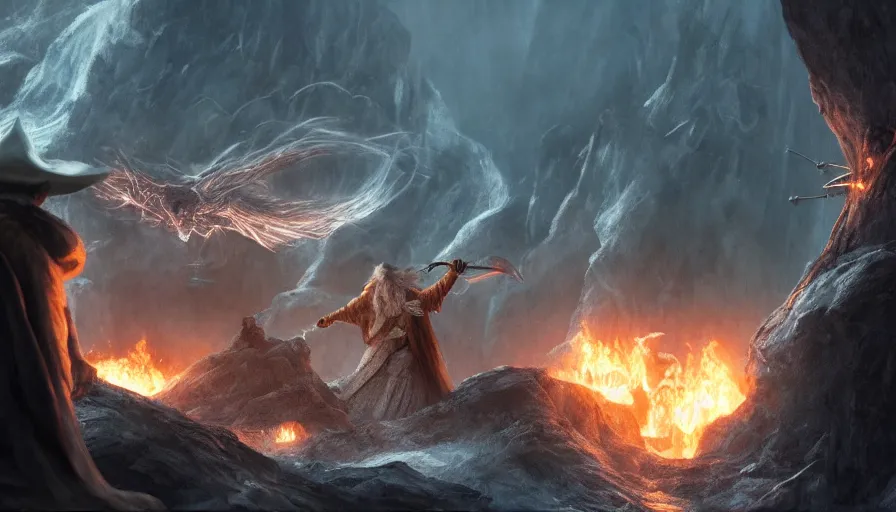 Prompt: Gandalf fighting the Balrog in epic battle on the bridge of Khazad-dûm in Moria, cinematic, filmic, artstation, atmospheric, award-winning