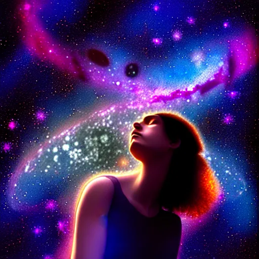 Image similar to hypatia dreaming of galaxies and nebulae, photorealistic