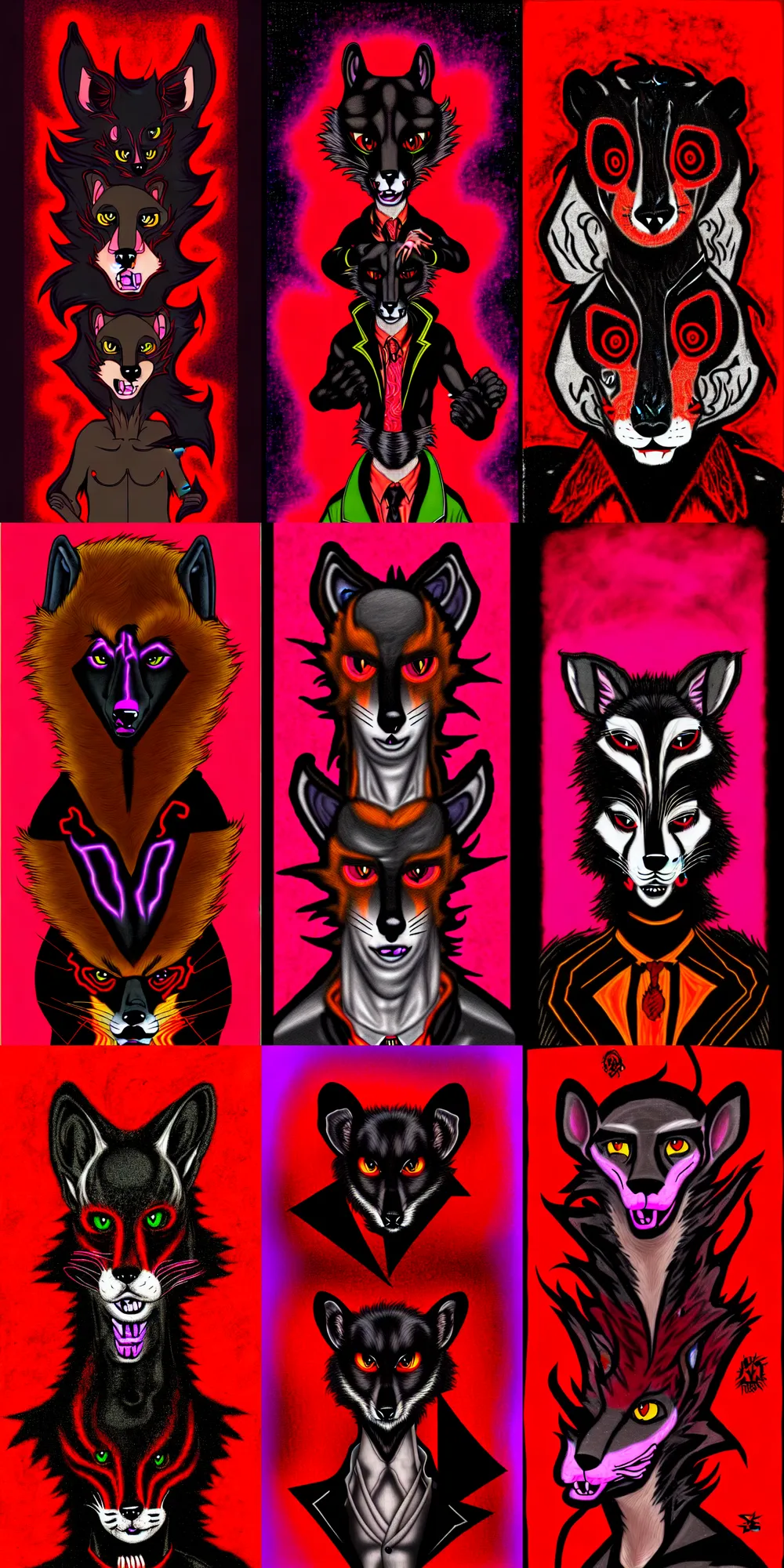 Image similar to handsome weasel fursona fullbody portrait, male, red - black, dark psychedelia style, refer to late timothy leary, schizophrenic art. dark and smoky