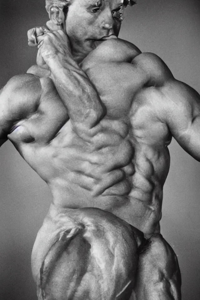 Image similar to RonaldMcDonald as a bodybuilder, photo by Anne Liebovitz