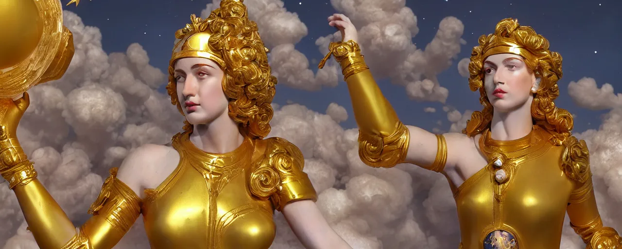 Image similar to saint woman, venus, athena, beautiful, gracious, baroque marble and gold, space, sistina, stars, puffy clouds, tilt shift, 3 d style light refraction, light reflection, real texture effect, extremely detailed, avantgarde, render, artstation