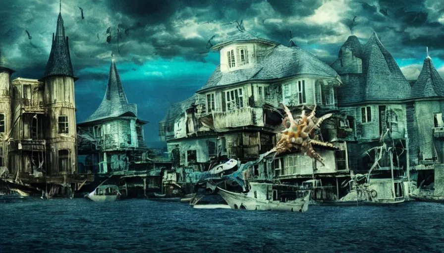 Prompt: Big budget color horror movie, city under the sea