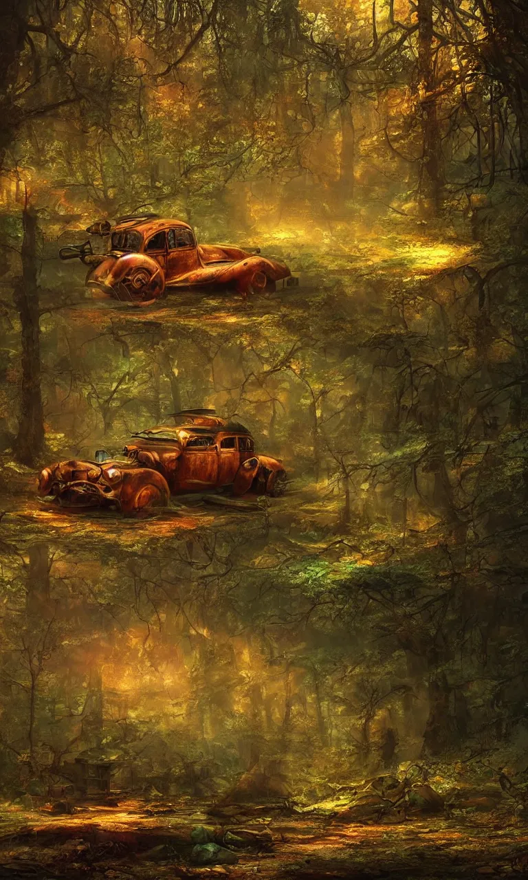 Image similar to a beautiful painting of an old rusted dieselpunk car in an enchanted forest, by heinrich schlitt, marc simonetti and john howe, artstation. fairies. early evening. volumetric lighting