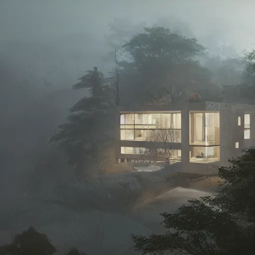 Prompt: beige rectangular house built around big central garden, on a hill surrounded by big trees, dramatic lighting, artstation, matte painting, raphael lacoste, simon stalenhag, frank lloyd wright, zaha hadid, drone view