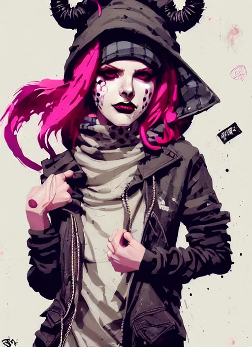 Image similar to highly detailed portrait of a sewer punk lady, tartan hoody, blonde ringlet hair by atey ghailan, by greg rutkowski, by greg tocchini, by james gilleard, by joe fenton, by kaethe butcher, gradient magenta, black, blonde cream and white color scheme, grunge aesthetic!!! ( ( graffiti tag wall background ) )