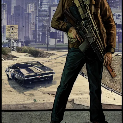 Prompt: Mike Ehrmantraut holding a rifle in GTA V, cover art by stephen bliss, highly detailed, 4k