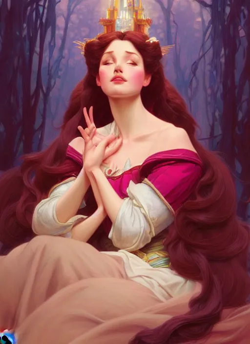 Image similar to portrait of disney sleeping beauty, intricate, elegant, highly detailed, my rendition, digital painting, artstation, concept art, smooth, sharp focus, illustration, art by artgerm and greg rutkowski and alphonse mucha and uang guangjian and gil elvgren and sachin teng, symmetry!!