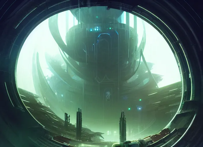 Image similar to a circular portal structure in the centre of an abandoned and overgrown alien city, beautiful curves, sci - fi, fantasy, golden ratio, epic lighting, unusual composition, messy brush strokes, very detailed, 4 k, in the style of blade runner and peter mohrbacher, ominous vibes, harsh lighting