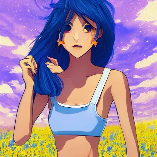 Prompt: if bluetooth was an actual human female, wearing blue crop top with the bluetooth logo on and blue shorts, digital image, character illustration, highly detailed, long blue hair, background of a blue flower field, trending on art station, art, by jason chan