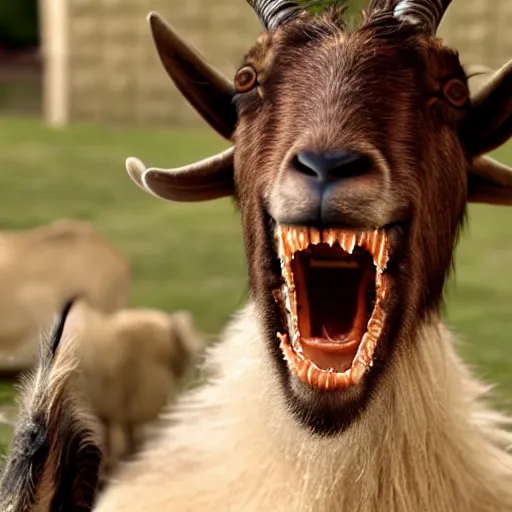 Prompt: an ultra real uhd 3 5 mm telephoto close up shot of a goat man snarling and growling and drooling over a half eaten rat at a banquet for a victorian king