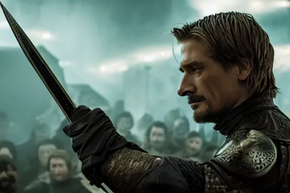 Image similar to very very intricate photorealistic photo of jaime lannister killing cersei, photo is in focus with detailed atmospheric lighting, award - winning details