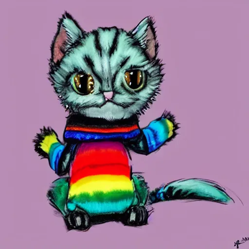 Image similar to wide angle full body, of a fluffy cute rainbow kitten wearing a black motorcycle jacket, concept art