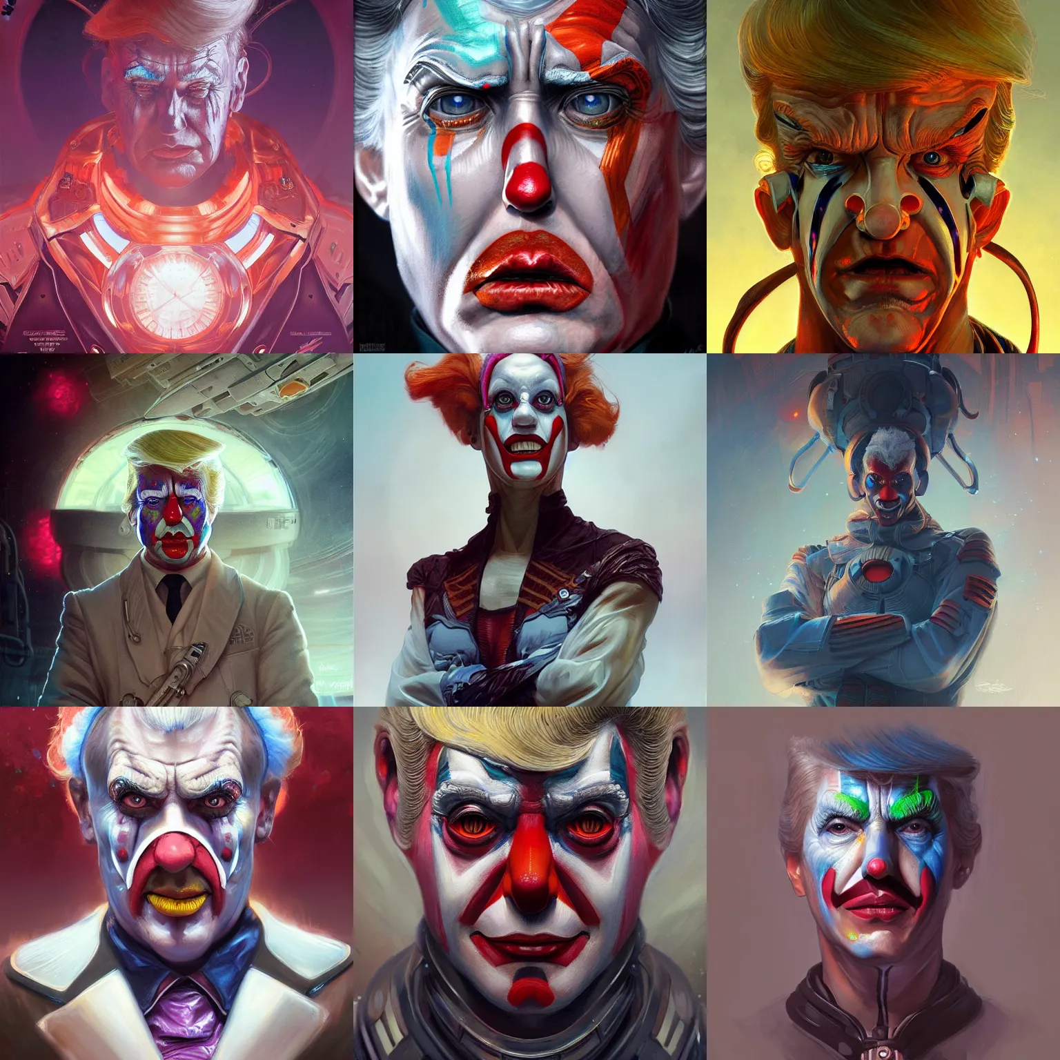 Prompt: scifi character portrait Painting of a futuristic clown trump, dystopian mood, intricate, wild, highly detailed, digital painting, artstation, concept art, smooth, sharp focus, illustration, art by artgerm and greg rutkowski and alphonse mucha