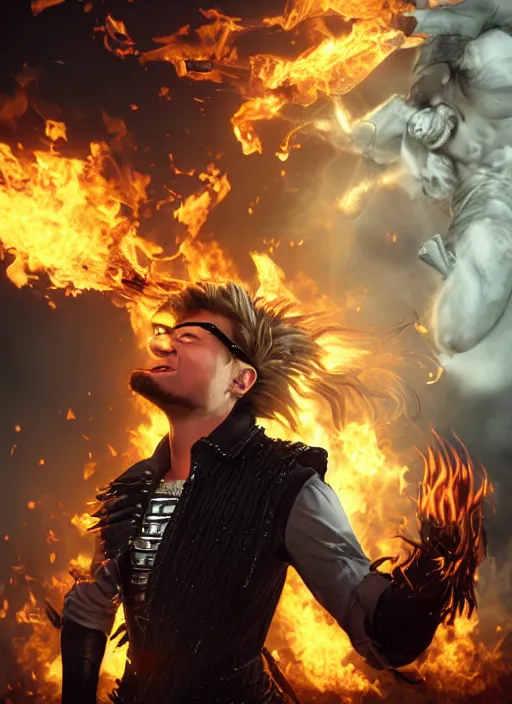 Image similar to An epic fantasy comic book style portrait painting of young man with red spiked long hair, using googles. Wearing a black waistcoat, white shirt. He is throwing a wild fire blast from his hands, with a vicious smile in face. Unreal 5, DAZ, hyperrealistic, octane render, cosplay, RPG portrait, dynamic lighting