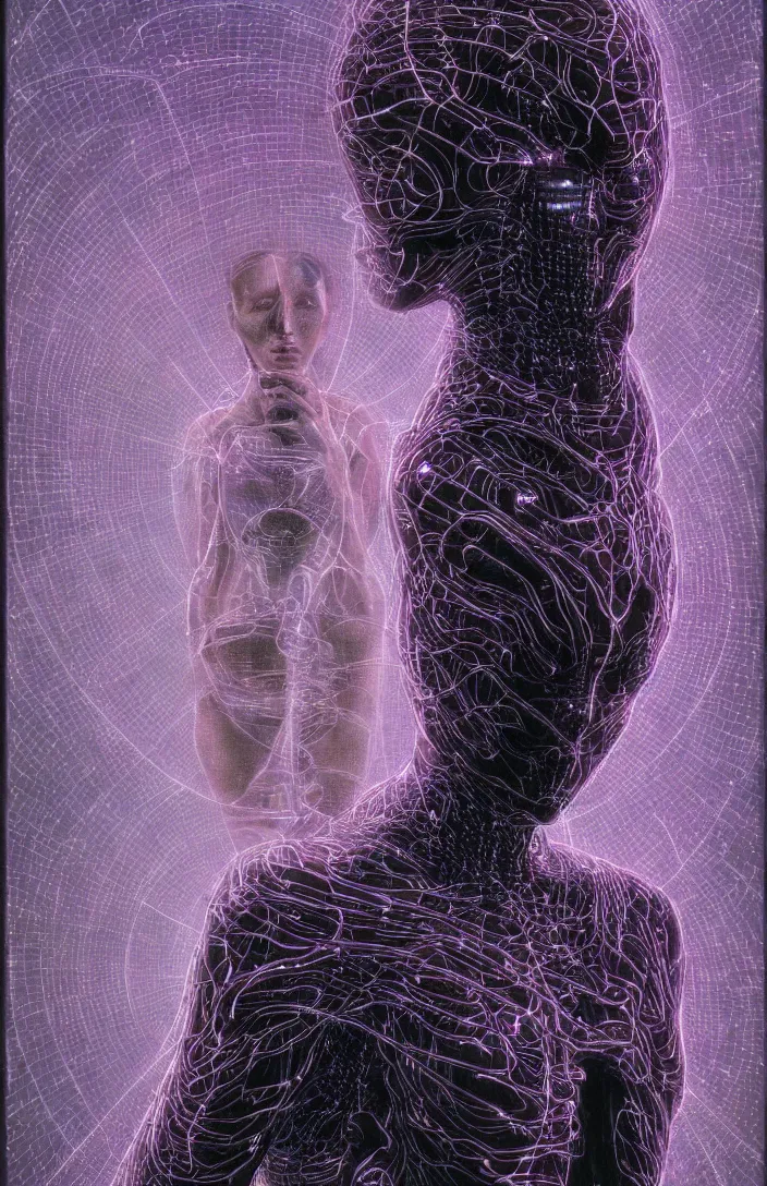 Image similar to an cybernetic goddess, contemplating existence, beyond the known universe, fine art, bokeh, omnidimensional, ocd, electroluminescent wire by wayne barlowe