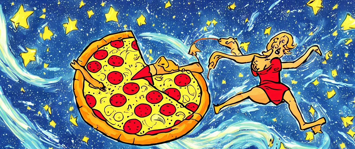 Image similar to a hore riding across the stars on a big pizza, comic style, colorful, 4 k, high details