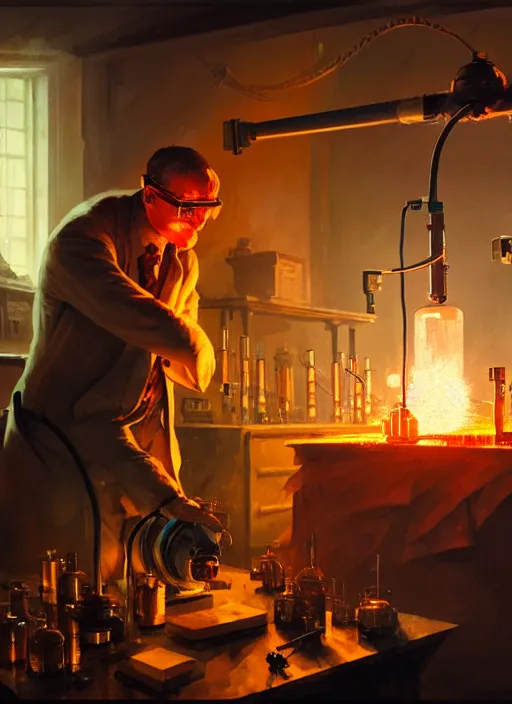 Image similar to scientist performing a explosive experiment by otto dix and greg rutkowski and andreas rocha, cinematic lighting, highly detailed, warm colours, 8 k