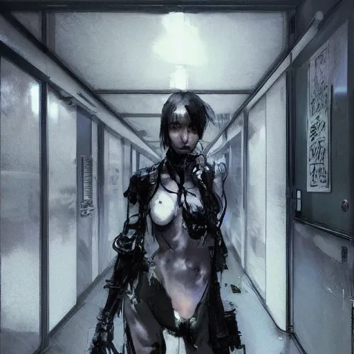 Image similar to Extremely Detailed and Full Portrait scene of a isolated motel hallway by Akihito Yoshitomi AND Yoji Shinkawa AND Greg Rutkowski, Mark Arian trending on artstation.