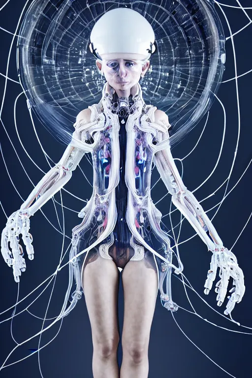 Image similar to background space station, baroque inflateble dress iris van herpen positing on floor, white helmet on face, perfect symmetrical, full body shot, inflateble shapes, wires, tubes, veins, jellyfish, white biomechanical details, wearing epic bionic implants, masterpiece, intricate, biopunk, vogue, highly detailed, artstation, concept art