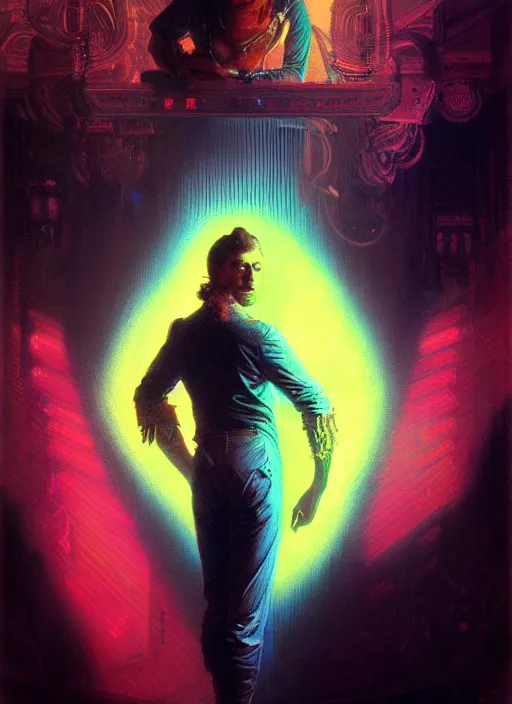 Image similar to portrait of eddie munson joseph quinn. 8 0's neon retro. lights, glow, magical. dark background. illustration by gaston bussiere, gerome, craig mullins, greg rutkowski, john singer sargent.