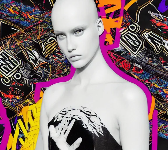 Image similar to black marble statue of a beautiful woman with colorful motocross logos in the style of virgil abloh, very very beautiful, detailed, off white, heron preston, 8 k, 4 k, detailed, beautiful, symmetrical, vogue, editorial, fashion, magazine, model