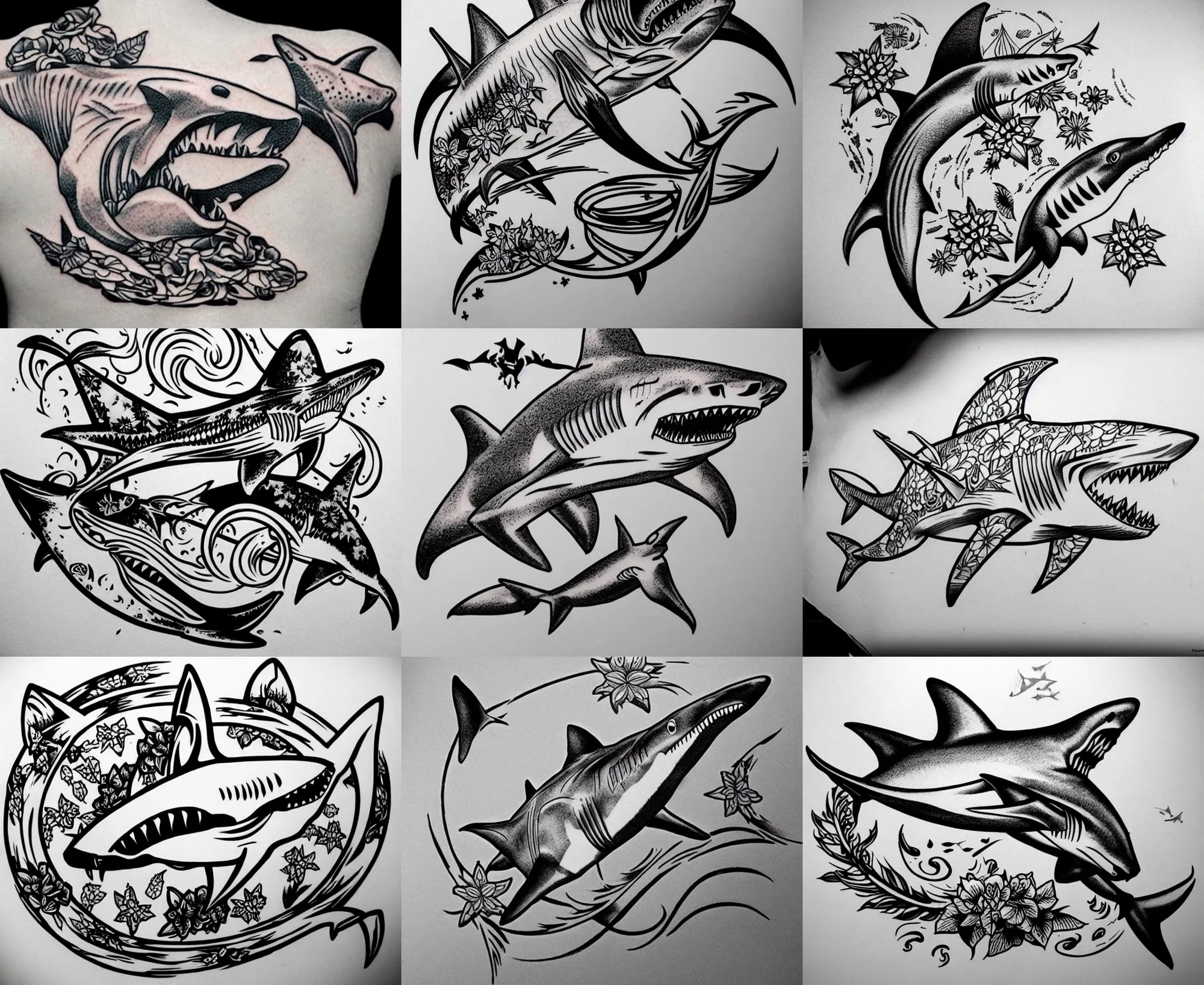 Image similar to detailed amazing tattoo stencil of a floral shark hunting