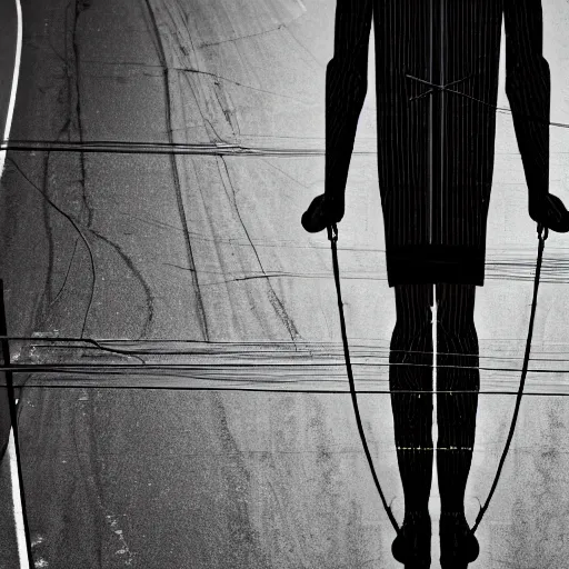 Prompt: full length photograph of wires in the shape of a man, backlit, high contrast, centered, roadway