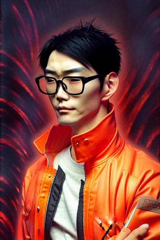 Prompt: a japanese man with very short black hair, broad shoulders, thick round spectacles, wearing a bright orange bomber jacket, seductive cyberpunk dark fantasy, art by artgerm and karol bak and moebius and alphonse mucha and greg rutkowski, hyperdetailed, ultrarealistic, octane render