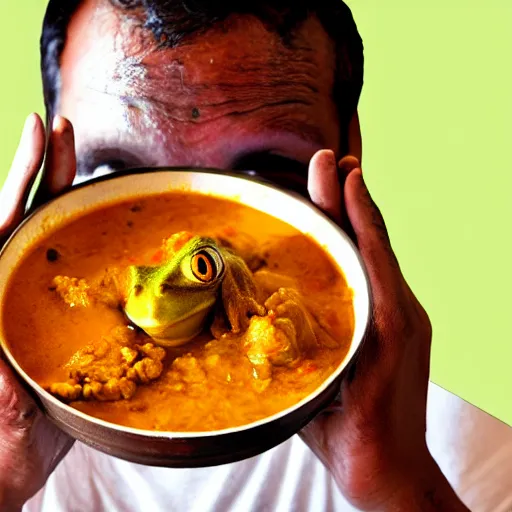 Image similar to photo of a man with three eyes ecstatically eating a bowl of indian frog curry. third eye forehead joy pineal eye minds eye cyclops, hands raised