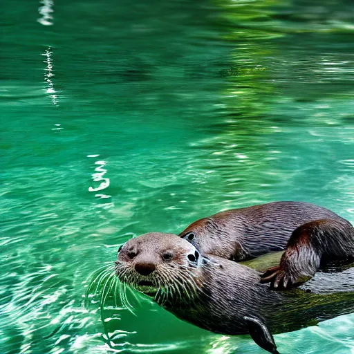 Image similar to One man and one otter swimming alongside him. Award-winning, front view, daylight, photoreallrstic, 4k