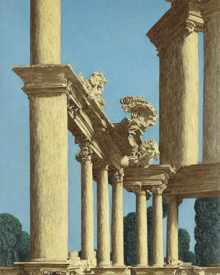 Image similar to achingly beautiful painting of intricate ancient roman ionic capital on a baby blue background by rene magritte, monet, and turner. giovanni battista piranesi.