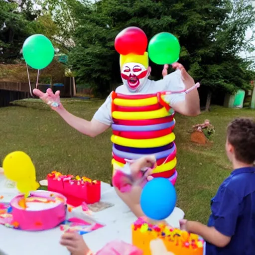 Prompt: Dan O'Dowd dressed as a clown making ballon animals at a children's birthday party