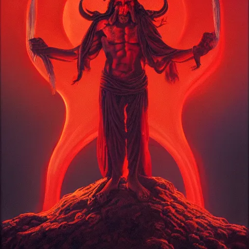 Prompt: realistic painting of a red bloody satanic figure standing in the middle of heaven by michael whelan, ultra realistic, 8 k, trending on artstation, octane renderer, mesmerizing, aesthetic, beautiful