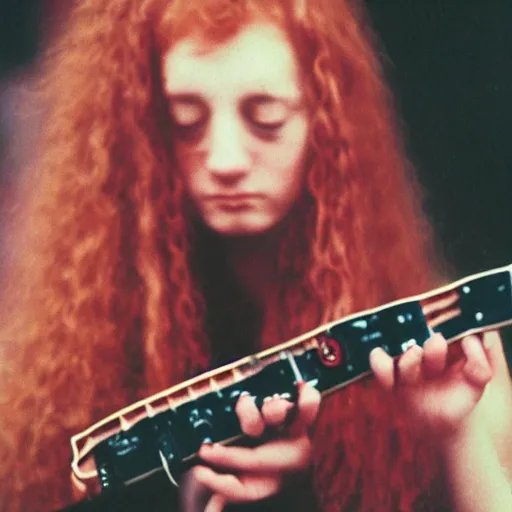 Image similar to 19-year-old woman holding electric guitar, long shaggy red hair, permed hair, stoner rock concert, grunge concert, 1993, VHS quality