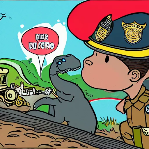 Image similar to super detailed illustration of a police officer and a dinosaur kissing in a war zone