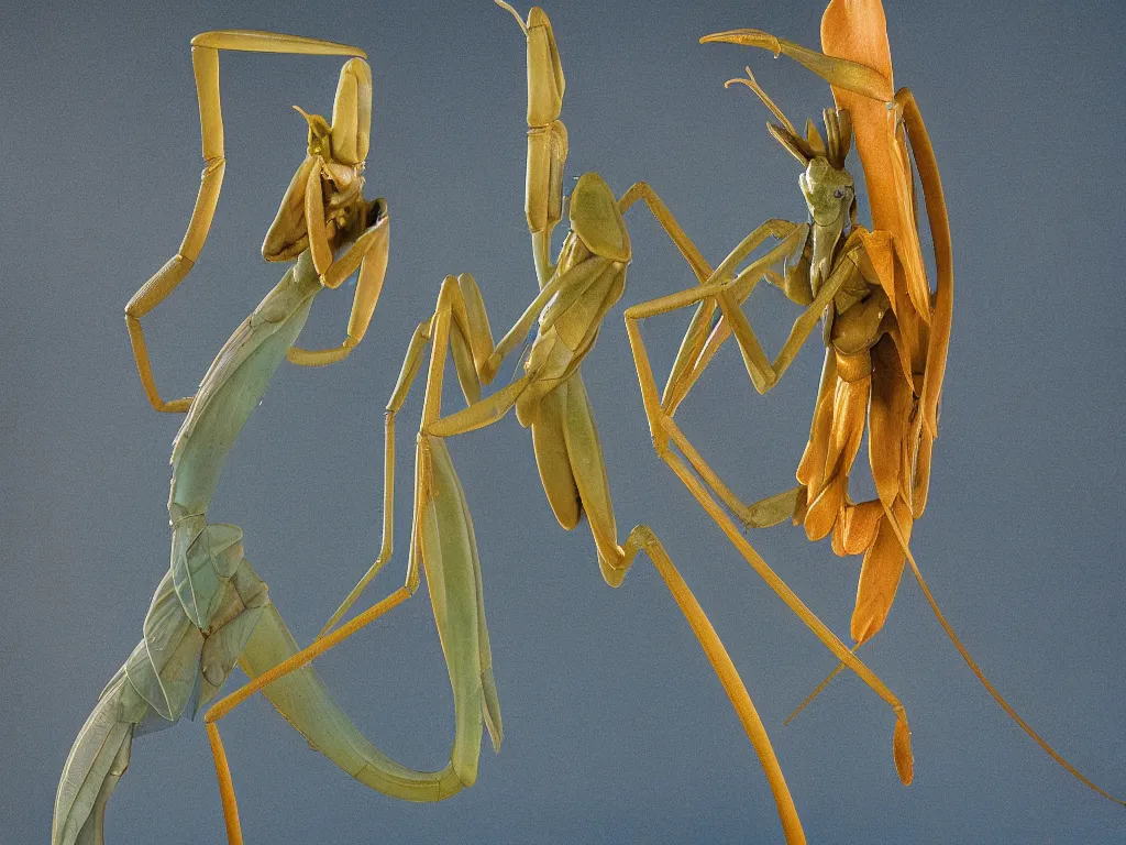 Image similar to a blue praying mantis. orchid mantis standing. petri dish art. subsurface scattering, translucency, backlit, diffused, smooth. studio photography high quality highly detailed award winning photograph by national geographic, by slim aarons. complementary color scheme. ( sculpture by antonio canova )