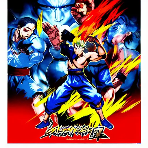 Prompt: shoryuken, dragon punch, kamehameha, hadouken, street fighter, mortal kombat, tournament, hanafuda, evolution, game poster by yoji shinkawa in blue and white